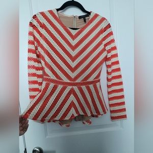 BCBGMAXAZRIA Franseen Red/Cream long sleeve mesh eyelet peplum top Size Small
